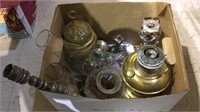 Box lot of oil lamp parts, silverplate
