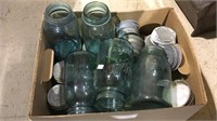 Box lot of Aqua glass ball jars with zinc lids,