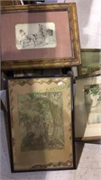 Box lot of framed art, prints , and empty frames,