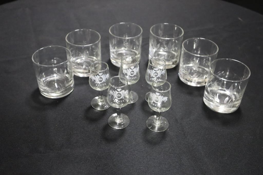 6 Duck etched low ball glasses and 5 stemmed s