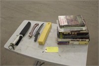 Assorted Hunting Knives And Books