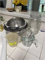 Jar, measuring cups, strainers