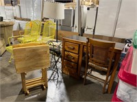 Desk with chair, TV trays, wrought iron table