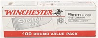 100 Rounds Of Winchester USA 9mm Luger Ammunition
