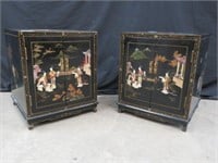 PAIR LACQUERED ORIENTAL 2 DOOR SIDE TABLES