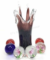 (7pc) Art Glass Paperweights, Vase