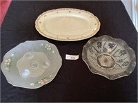 Meat platter, glass bowl, & opaque dish stand