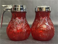 Red Pressed Glass Syrup Dispenser/Shaker