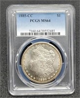 1885-CC slab Morgan Silver Dollar, PCGS MS64