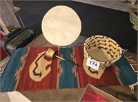Native American rug, drum & basket