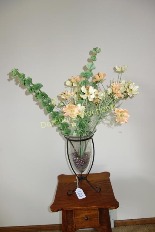 GLASS VASE W/ METAL STAND & BEADS & DECOR FLOWERS