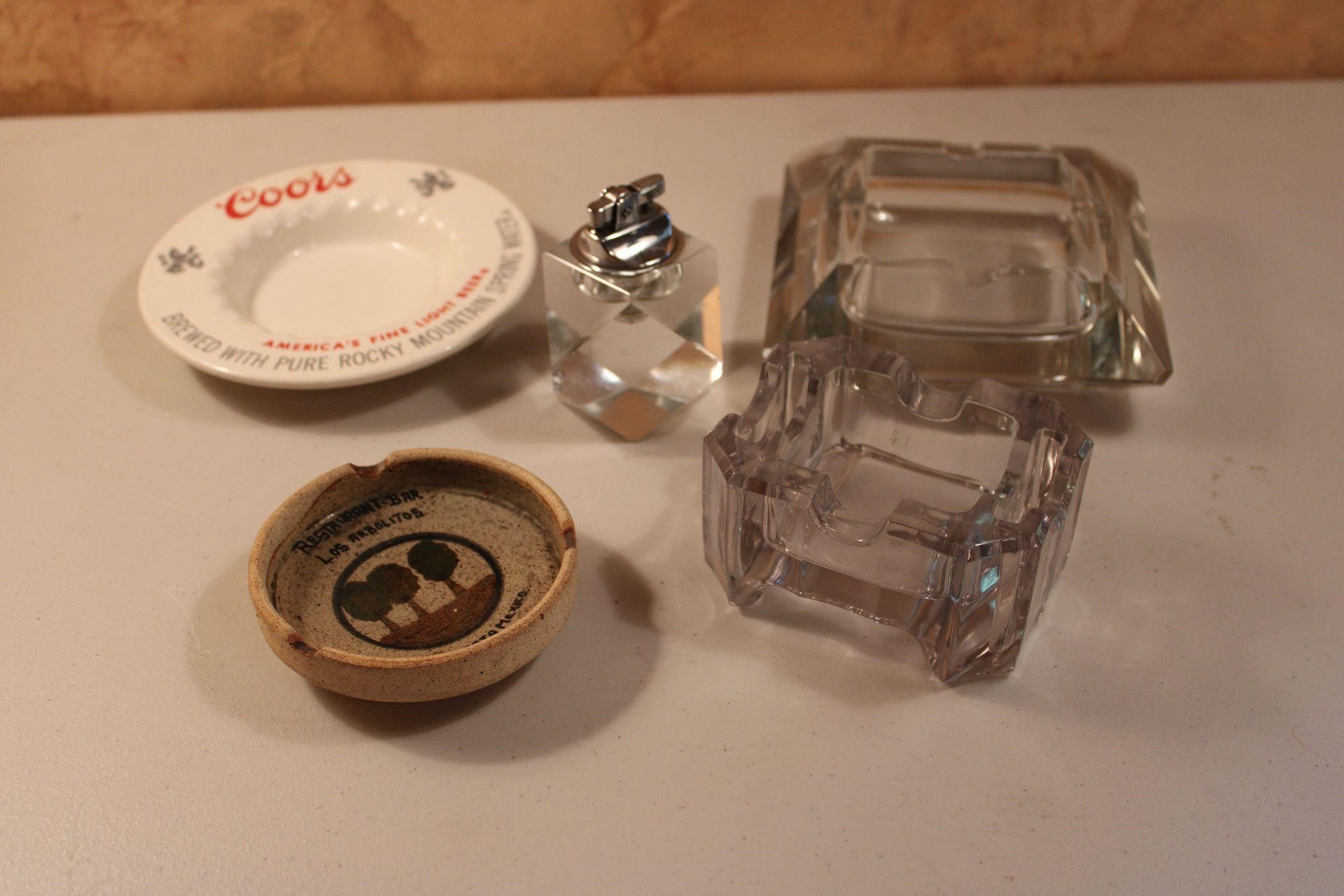 Ashtray lot with glass tabletop lighter