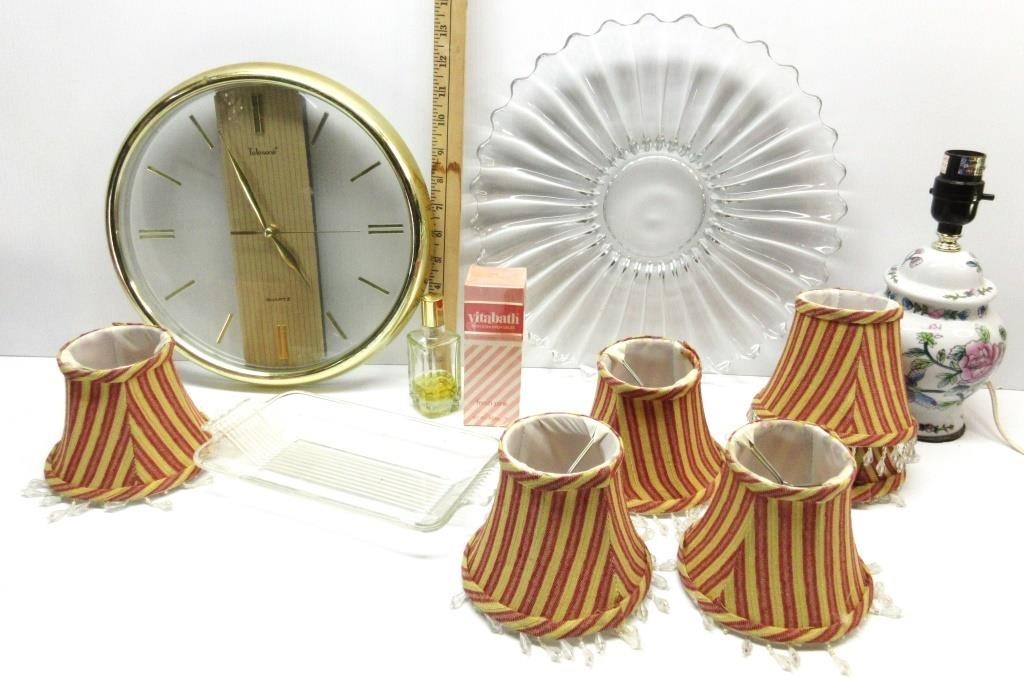 Sm. Lamp Shades, Clock, Glass Plater