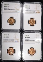 1952-S, 55-D, 57-D, 58 LINCOLN CENTS NGC MS66 RD