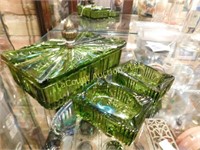 green pressed glass cigar box, w 2 ashtrays