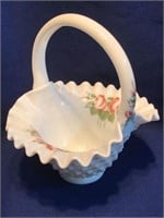 Fenton "Roses" Art Milk Glass Basket