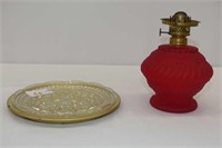 Red Satin Glass Minature Lamp on Decorative Plate