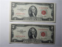 (2) 1953 $2 Bill Red Seal Notes