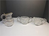 Cut glass cream and sugar set with syrup pitcher