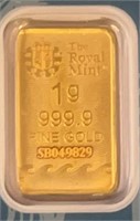 1g 999.9 Fine Gold Bar Ser # SB049829