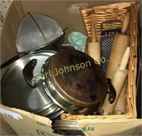 BOX OF BAKEWARE + VINTAGE COPPER BOTTOM PANS