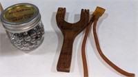 Wooden Slingshot & Jar of Ammo