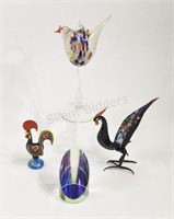 Hand Blown Glass, Prism & Painted Wood Roosters