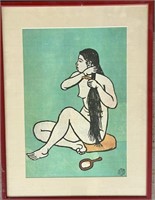 Oriental Wood Block Print- Seated Nude Combing Her