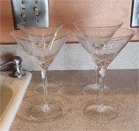 (4) ETCHED MARTINI GLASSES