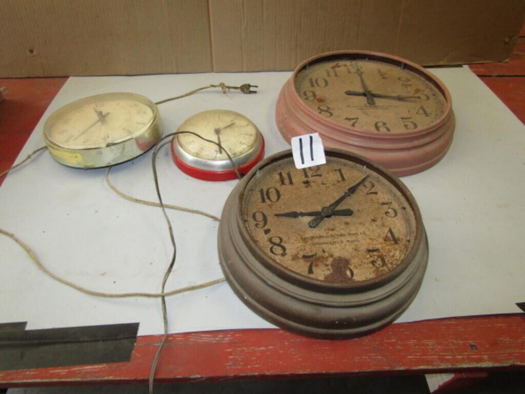 4 CLOCKS- 2 COUNTRY STORES ROUND METAL CLOCKS