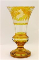 Bohemian Amber Glass Engraved Vase