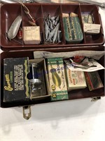 TACKLE BOX, HOOKS, WEIGHTS, SPINNERS, REEL