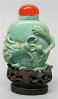 CARVED TURQUOISE SNUFF BOTTLE - ENCIRCLING DRAGON
