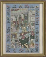 INDIAN GOUACHE PAINTING OF BUSY COURT SCENE