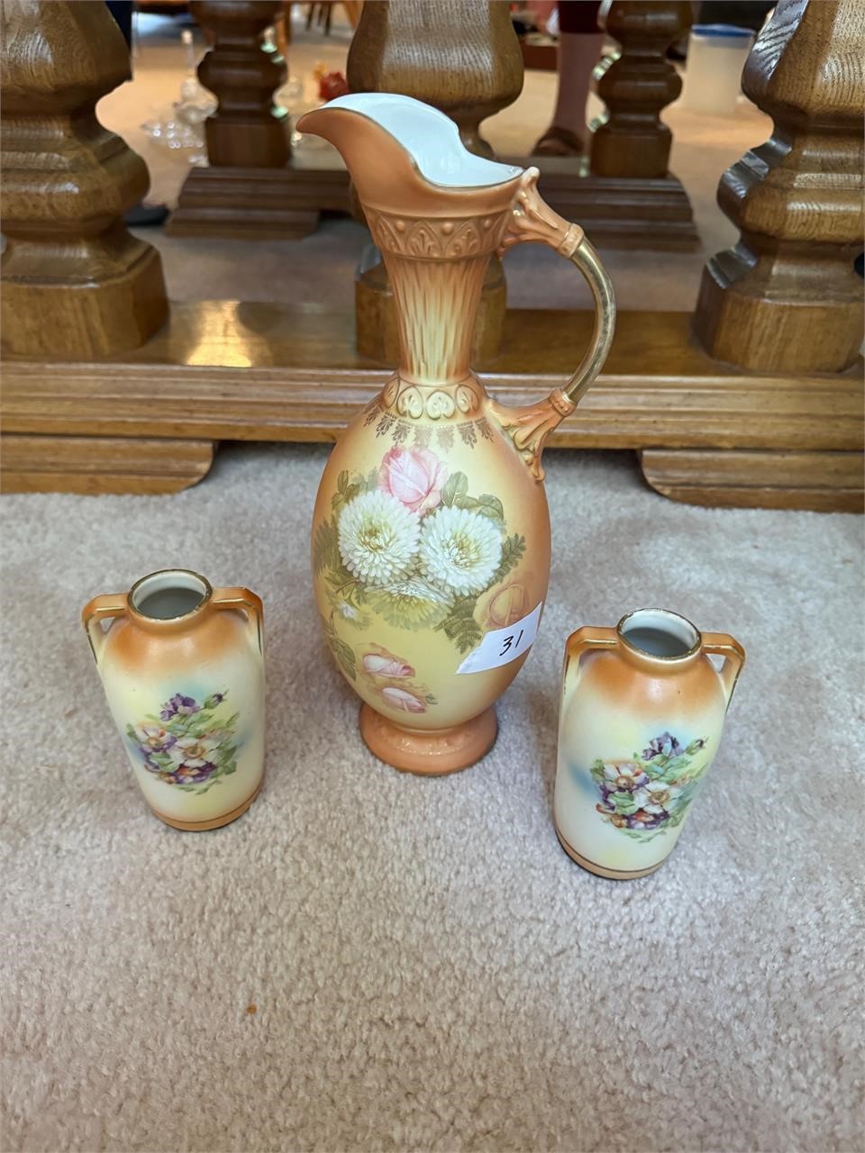 GLASS PITCHER AND 2 BUD VASES