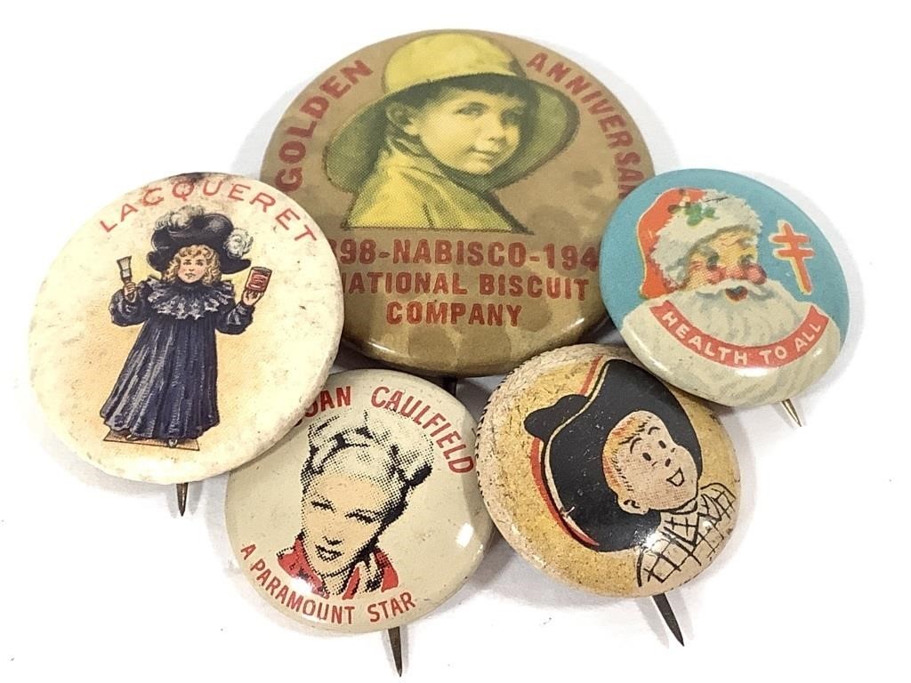 5 Buttons 1940s Little Joe, Santa, Nabisco +