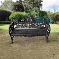 BLACK CAST IRON AND TIMBER OUTDOOR BENCH SEAT