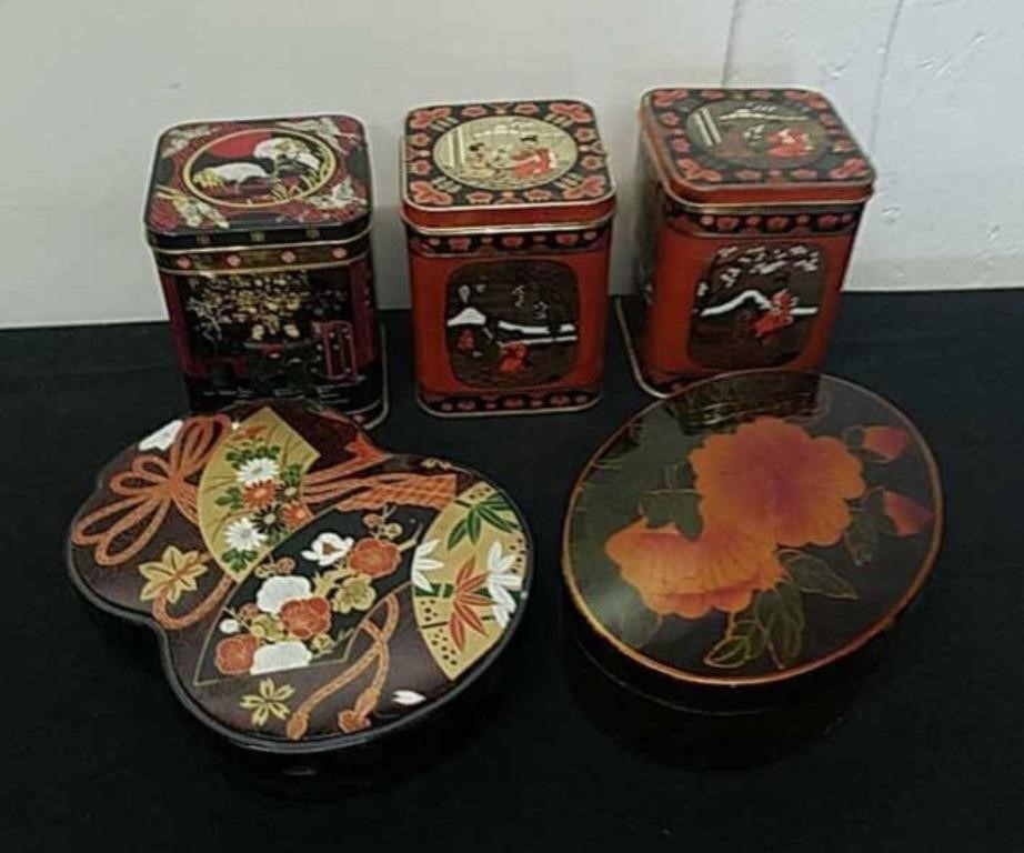 Vintage Oriental tins and jewelry boxes