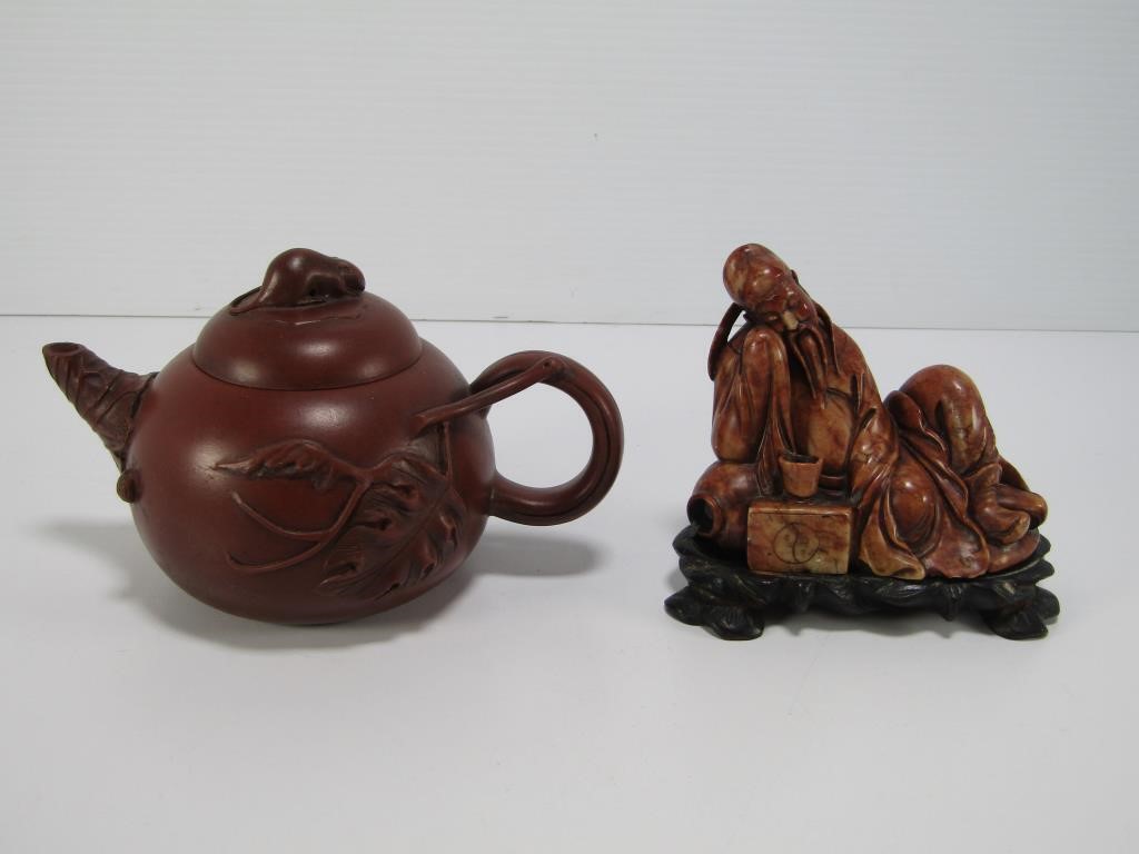 CHINESE CLAY TEA POT & FIGURE