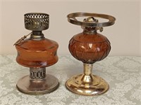 2 - 8" BROWN GLASS OIL LAMPS NO FLUTES