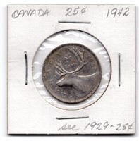 1942 Canada 25 Cent Silver Coin