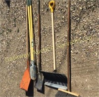 Post hole digger, broom, 2 shovels