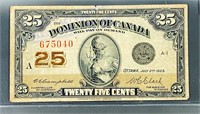 1923 Canadian 25 Cents Bill UNCIRCULATED