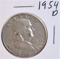 1954 D Benjamin Franklin Silver Half Dollar