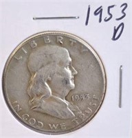 1953 D Benjamin Franklin Silver Half Dollar