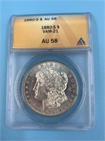 1880 S Morgan silver dollar AU58 by ANACS