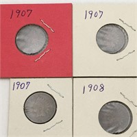 Group Of 4 Indian Head Pennies, 1907 & 1908
