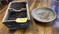 WOODEN ANTIQUE 2-BIN WITH COFFEE BEANS & BOWL