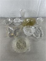 Cut glass candy dishes, vase, footed dishes,