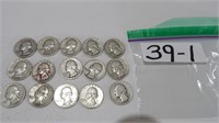 15) Misc. Silver Quarters 1935 to 1964, 1) S, +